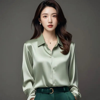 Women’s Elegant Silk Office Shirt | Slim Long Sleeve Workwear Blouse – Korean Fashion Y2K Top