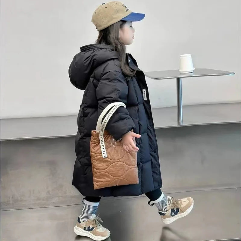 New winter overalls for children, girls' long hooded down jacket, thickened, warm and waterproof for ages 3-10