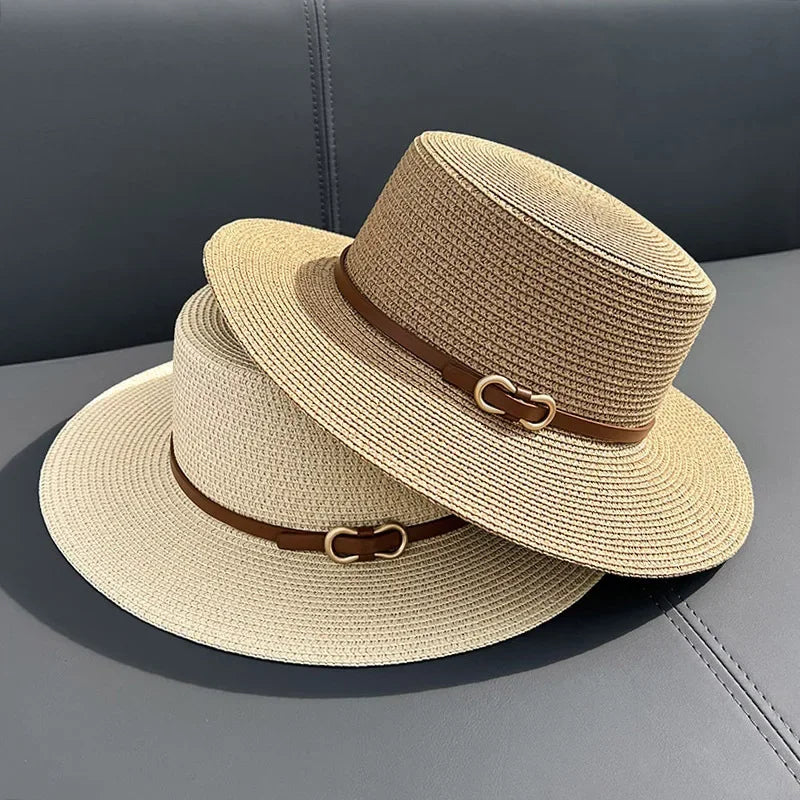 Simple Straw Summer Women Beach Hat Female Casual Panama Hat Lady Brand Women Flat Brim Bowknot Straw Cap Girls Sun Hat