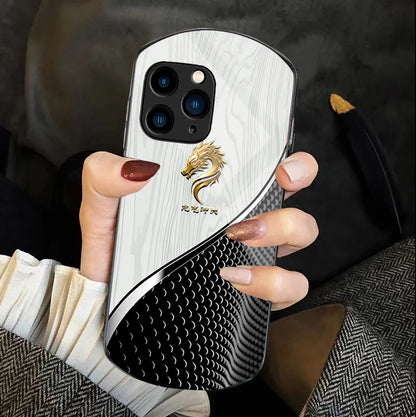 Wood Grain Dragon Qi For Iphone 11 12 13 14 15 Pro Max Plus Mini 7 8 Se 2020 X Xs Xr Elliptical Tempered Glass Phone Case