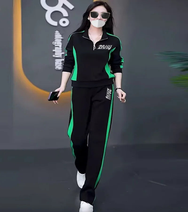 Casual sports suit for women spring and autumn 2024 new fashion stand-up collar sweatshirt wide-leg pants two-piece set