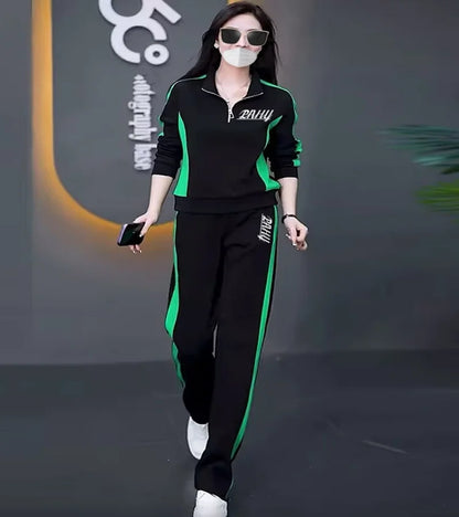 Casual sports suit for women spring and autumn 2024 new fashion stand-up collar sweatshirt wide-leg pants two-piece set