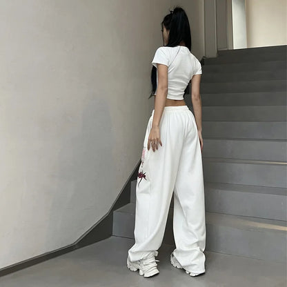 New Streetwear White Track Pants Women Harajuku Hippie Wide Leg Sweatpants Oversize Quick Dry Printed Joggers Trousers