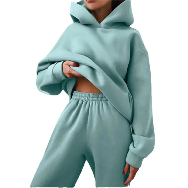 Women's Fashion Sweatshirt And Pants Set Solid Color Casual Sports Style For Autumn/Winter