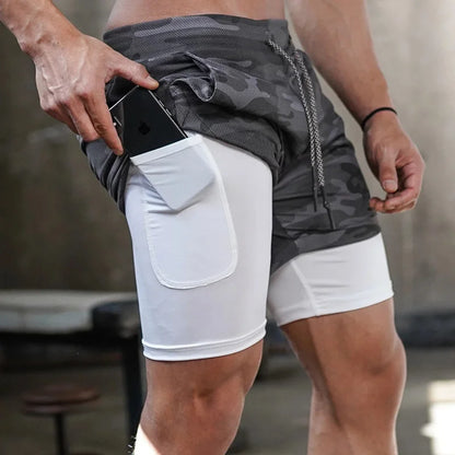 2-in-1 Men’s Gym Shorts – Camo Running, Quick Dry Training & Jogging Pants, Summer Sportswear