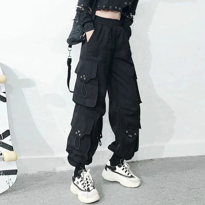 Women Cargo Pants Fashion Punk Pockets Jogger Trousers With Chain Elastics High Waist Streetwear