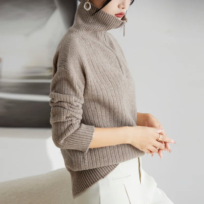 Women's sweater autumn/winter new 100% pure wool sweater casual knitted Tops stand collar pullover loose thick Blouse zipper