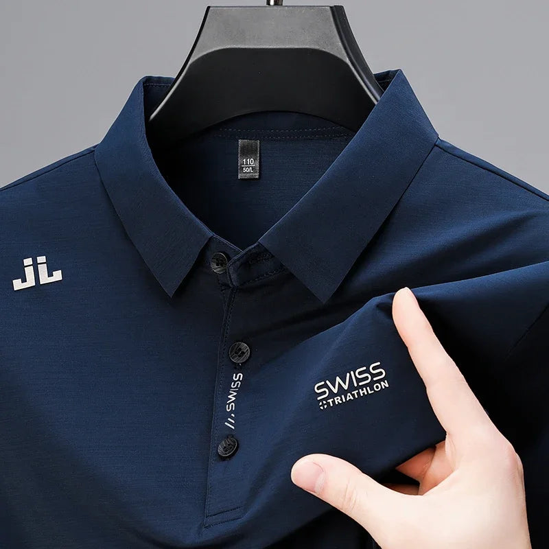 Men’s Business Casual Polo Shirt | Short Sleeve Solid Color Top with Badge – Fashionable & Breathable