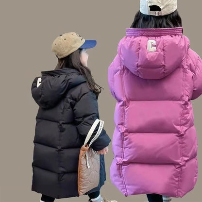 New winter overalls for children, girls' long hooded down jacket, thickened, warm and waterproof for ages 3-10