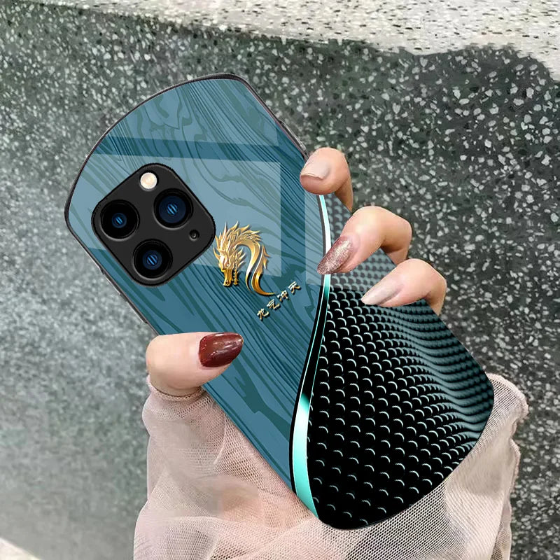 Wood Grain Dragon Qi For Iphone 11 12 13 14 15 Pro Max Plus Mini 7 8 Se 2020 X Xs Xr Elliptical Tempered Glass Phone Case