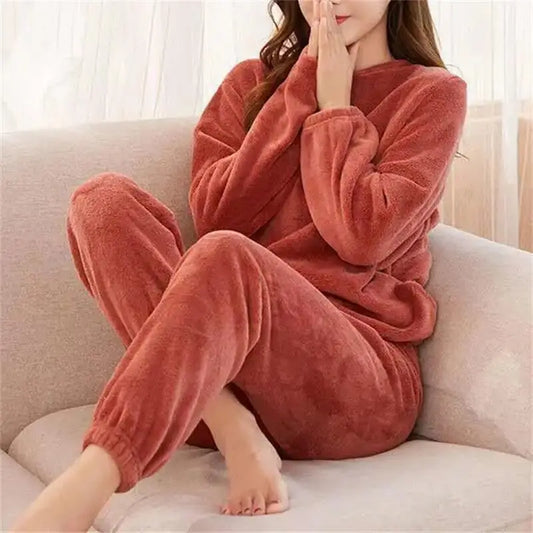 Women Velvet Pajama Set Fleecing Warm Loose Top And Elastic Waist Pants Casual Warm Woollen Suit Women Winter Men Sleepwear