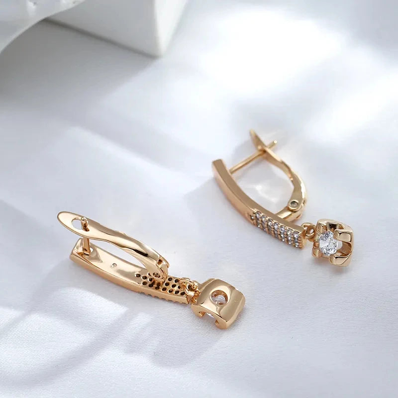 Simple Elegant Drop Earrings For Women 585 Rose Gold Color With White Natural Zircon Daily Party Fine Jewellery Accessories