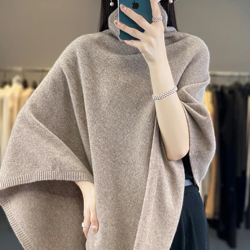 Spring Autumn High Quality Shawl Women's Medium to Long Korean Sleeveless Casual  Wool KnitHigh Neck Pullover CapeJacket