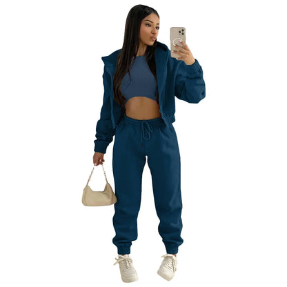 3pcs Women's Clothing Set Fleece-lined Hooded Sweater &Sleeveless Tank Top & Sports Sweatpants Pants