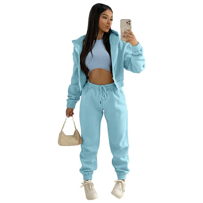 3pcs Women's Clothing Set Fleece-lined Hooded Sweater &Sleeveless Tank Top & Sports Sweatpants Pants