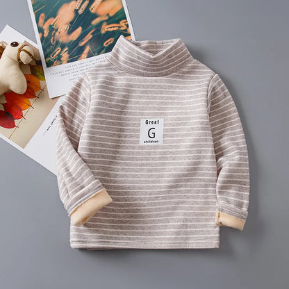 Children Striped Thickened Base Shirt High Collar Top Single Piece Boys Girls Half High Collar Long Sleeve T-shirt