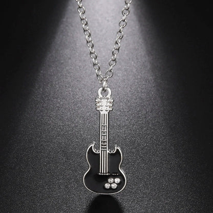 Electric Guitar Necklace Music Black Enamel Chain Rock Pop Classic Crystal Zircon Gift Men's and Women's Jewelry