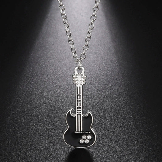 Electric Guitar Necklace Music Black Enamel Chain Rock Pop Classic Crystal Zircon Gift Men's and Women's Jewelry