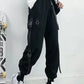 ZOKI Gothic Women Cargo Pants Black Joggers High Waisted Harajuku Harem Pants Punk Goth Techwear Chain Trousers Female Hip Hop