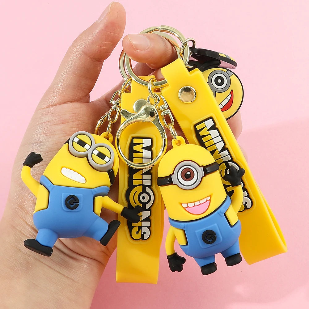 Minions Keychain Cartoon Toys Model Silicone Pendant Keyring Cosplay Car Backpack Key Holder Accessories