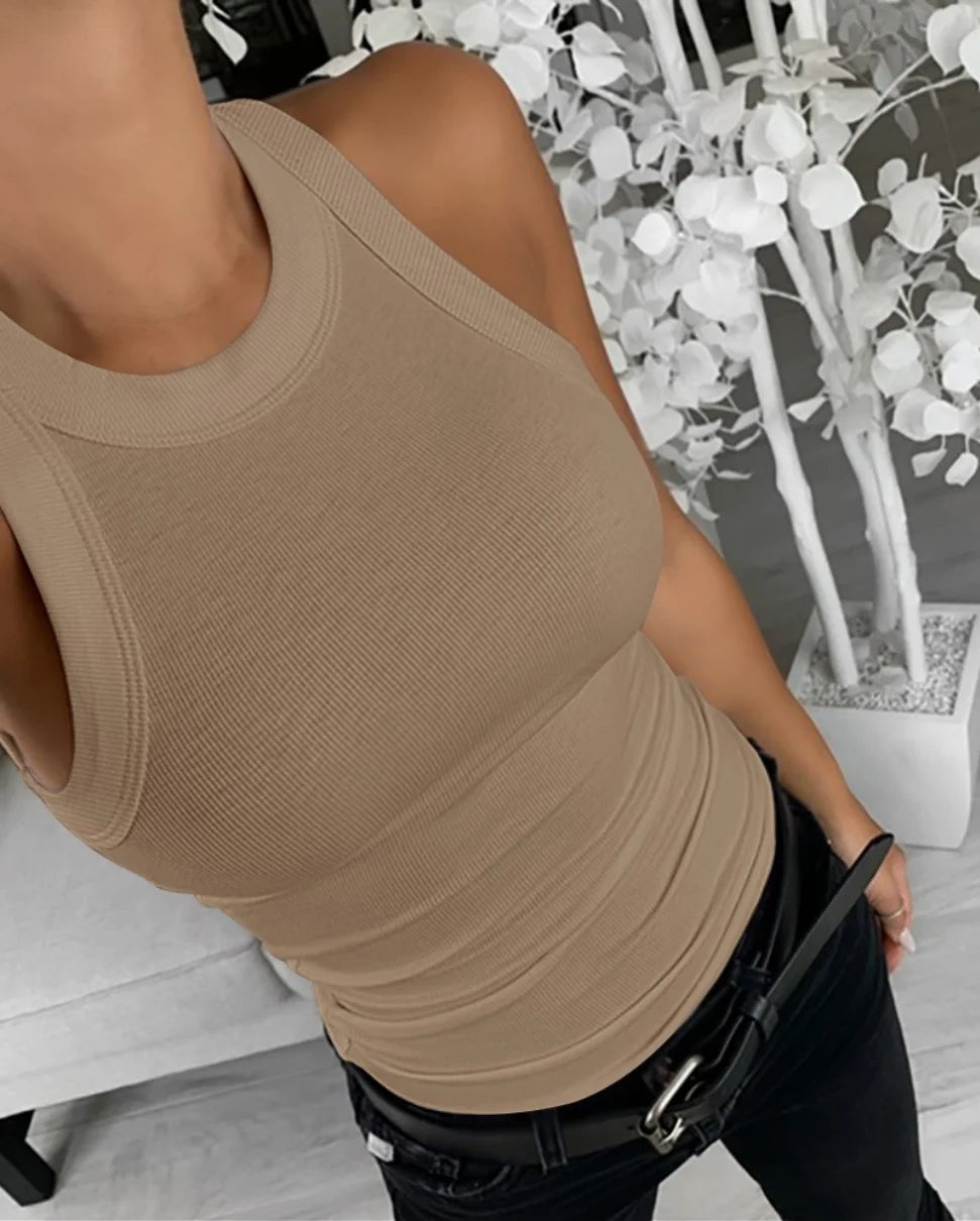 Sleeveless Ribbed Knit Tank Top Slim Fit Basic Casual Everyday Wear For Women