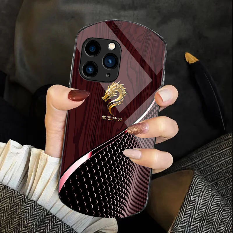 Wood Grain Dragon Qi For Iphone 11 12 13 14 15 Pro Max Plus Mini 7 8 Se 2020 X Xs Xr Elliptical Tempered Glass Phone Case