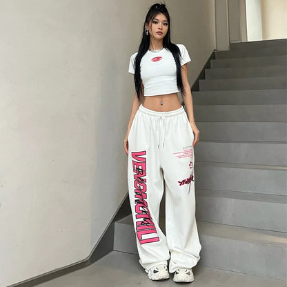 New Streetwear White Track Pants Women Harajuku Hippie Wide Leg Sweatpants Oversize Quick Dry Printed Joggers Trousers