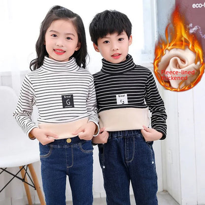 Children Striped Thickened Base Shirt High Collar Top Single Piece Boys Girls Half High Collar Long Sleeve T-shirt