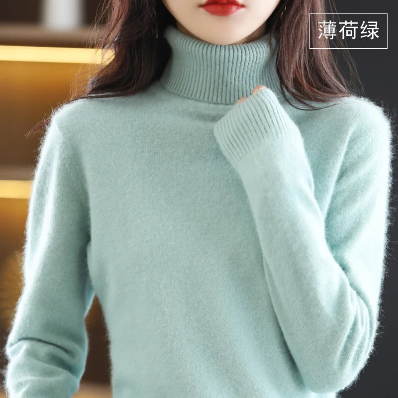 Autumn And Winter New 100% Mink Cashmere Sweater Women's High Neck Knitted Pullover Loose Korean Fashion Warm Women's Top