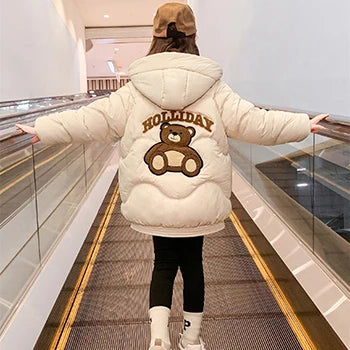 2024 New Girls Down Jacket Cute Bear Autumn Winter Warm Fashion Parka Coat Hooded Zipper Girls Outerwear 5-12 Years Kids Clothes