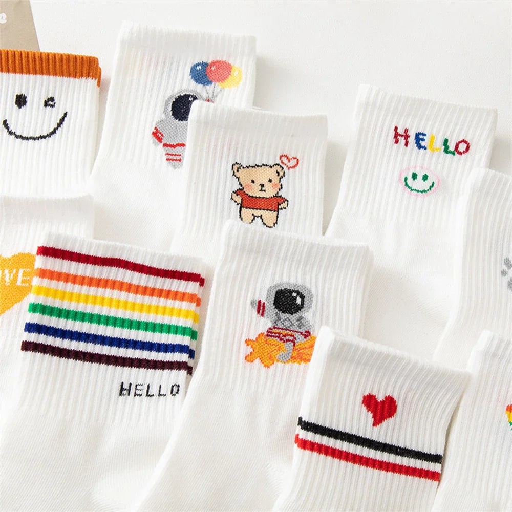 Funny Cartoon Heart Astronaut Rainbow Stripes Bear Footprint Sport Hipster Harajuku Casual Soft White Cotton Socks Dropship