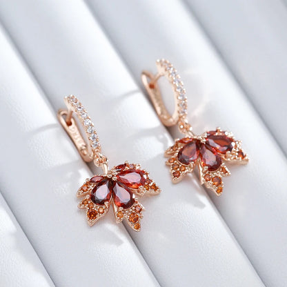 Kinel Original Design Shiny Red Natural Zircon Maple Leaf Earrings For Women Fashion 585 Rose Gold Color Fall Daily Fine Jewelry