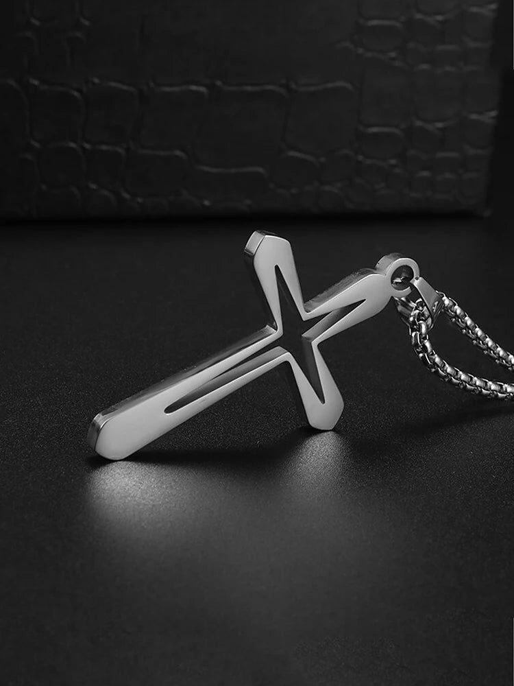 Fashion Design Simple Hollow Cross Pendant Men\'s Hip Hop Stainless Steel Necklace Jewelry