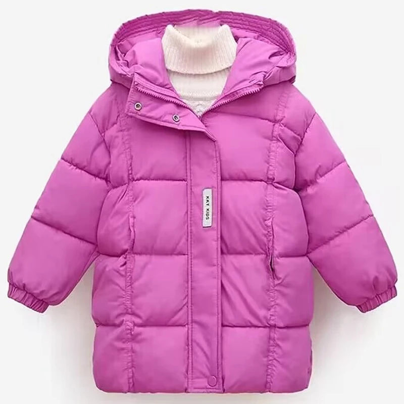 New winter overalls for children, girls' long hooded down jacket, thickened, warm and waterproof for ages 3-10