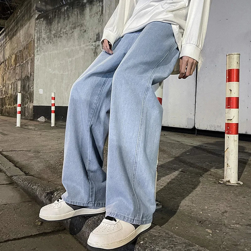 2025 New Streetwear Loose Jeans Men Korean Style Fashion Loose Straight Wide Leg Pants Men's Brand Clothing Black Light Blue