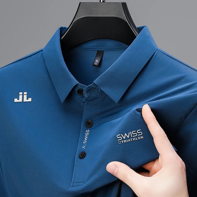Men’s Business Casual Polo Shirt | Short Sleeve Solid Color Top with Badge – Fashionable & Breathable