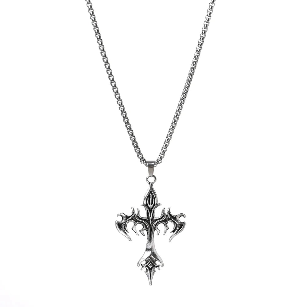 Men's Fashion Punk Flame Cross Pendant Chain Necklace for Women Male  Long Chain Hip Hop Rock Gothic Jewelry Gift