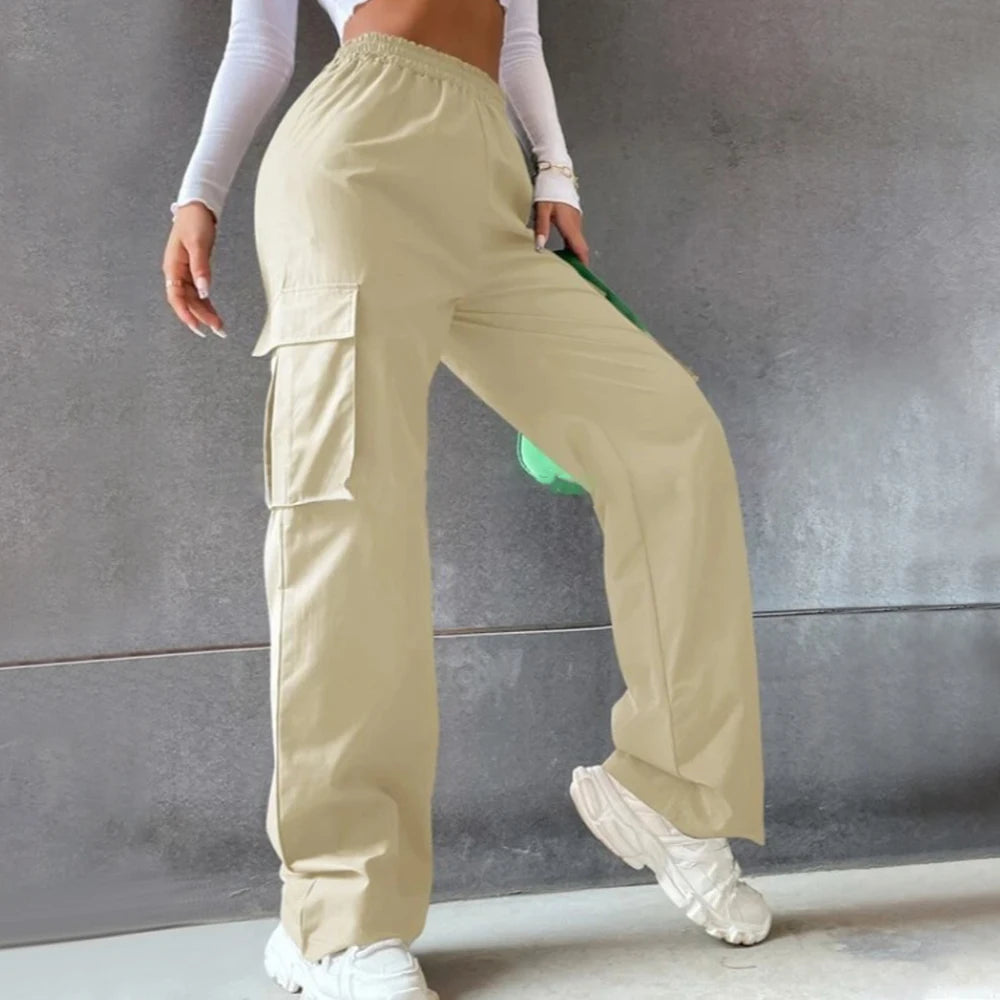 Elastic Waist Fashionable Workwear Pants High Waist Wide Leg Pants Loose Solid Color Casual Sports Pants WOMEN'S Sportswear