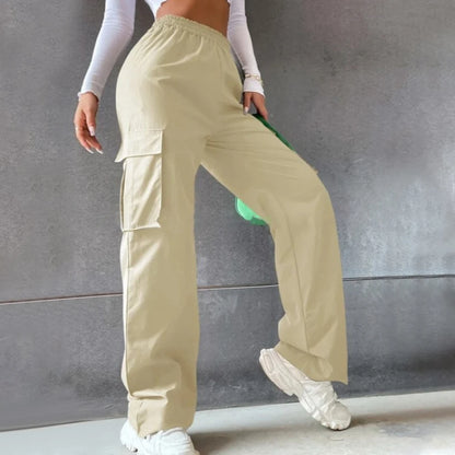Elastic Waist Fashionable Workwear Pants High Waist Wide Leg Pants Loose Solid Color Casual Sports Pants WOMEN'S Sportswear