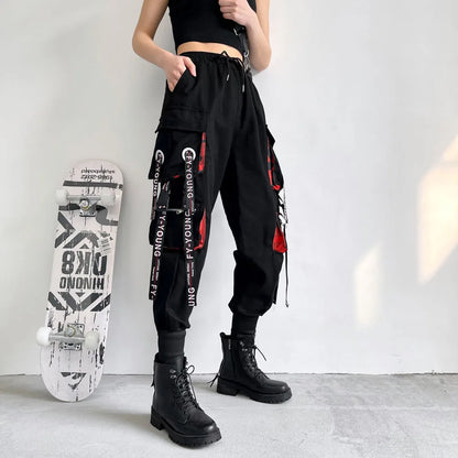 Women Cargo Pants Fashion Punk Pockets Jogger Trousers With Chain Elastics High Waist Streetwear