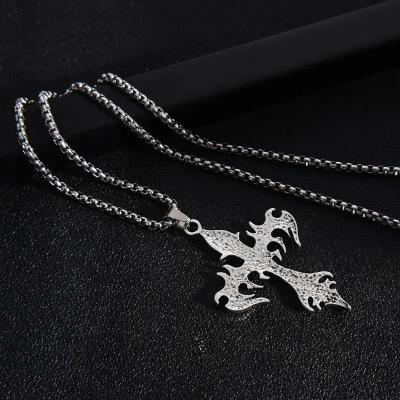 Men's Fashion Punk Flame Cross Pendant Chain Necklace for Women Male  Long Chain Hip Hop Rock Gothic Jewelry Gift