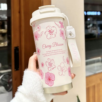 Woman Flower Coffee Mug 500ml 316 Stainless Steel Vacuum Flask Straw and Directly Drinking Insulated Tumbler  Thermal Cup