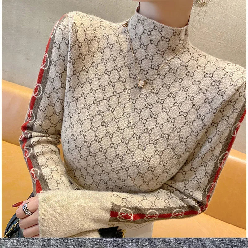 Autumn Winter New Chic Y2k Knitted Sweaters Women Clothing Letter Jacquard Half High Collar Pullovers Elastic Slim Wool Knitwear