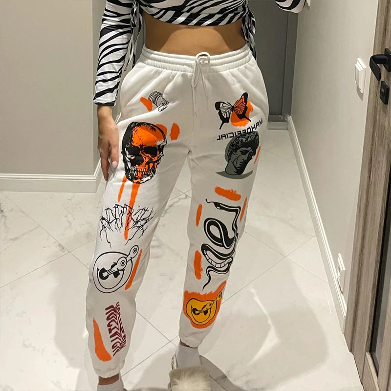 Women Sweatpants Joggers Y2K Harajuku Cartoon Skull Printed Streetwear Sweatpants Pants Casual High Waist Sweatpants  Winter