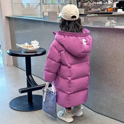 New winter overalls for children, girls' long hooded down jacket, thickened, warm and waterproof for ages 3-10