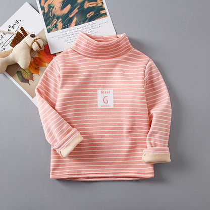 Children Striped Thickened Base Shirt High Collar Top Single Piece Boys Girls Half High Collar Long Sleeve T-shirt