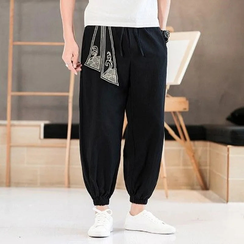 2023 New Spring and Autumn Chinese Style Embroidered Linen Sports Loose Casual Korean Version Trendy Men's Feet Cropped Pants