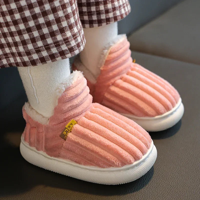 New Winter Concise Stripe Plush Slippers Children's Non-slip Soft Sole Kids Boys Girls Heel Wrap Warm High Home Cotton Shoes