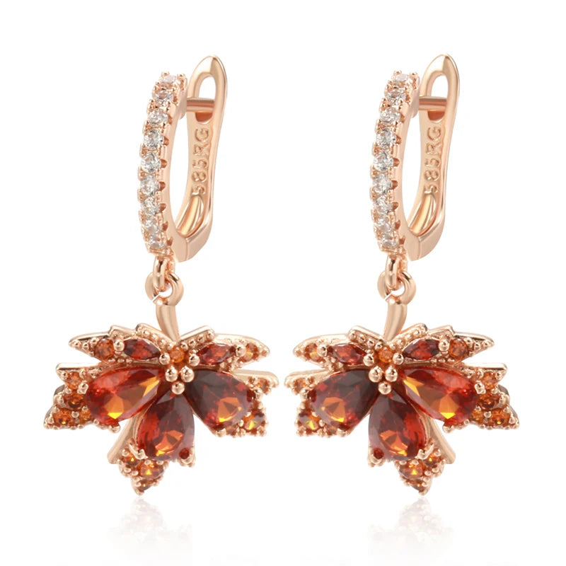 Kinel Original Design Shiny Red Natural Zircon Maple Leaf Earrings For Women Fashion 585 Rose Gold Color Fall Daily Fine Jewelry