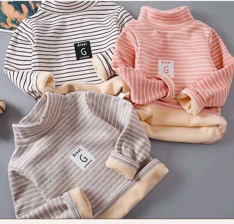 Children Striped Thickened Base Shirt High Collar Top Single Piece Boys Girls Half High Collar Long Sleeve T-shirt